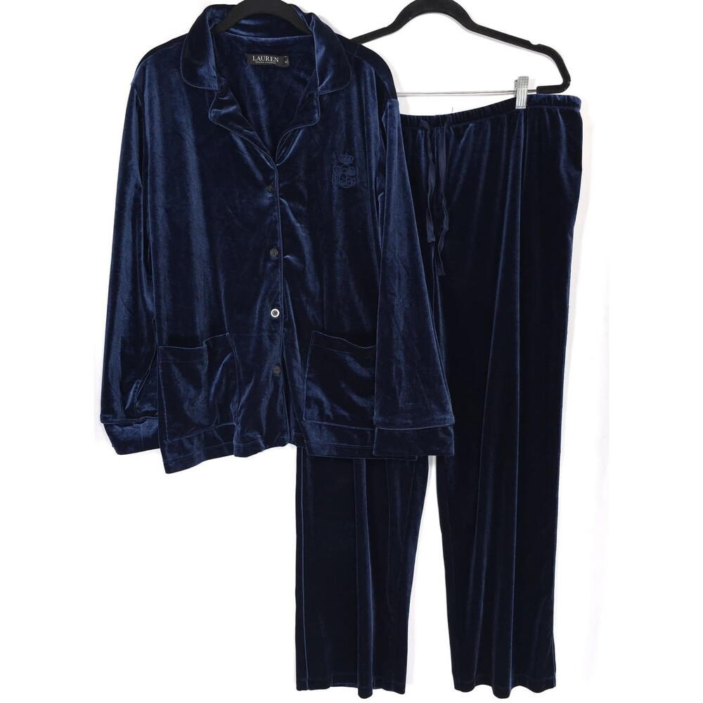 LAUREN RALPH LAUREN Womens Pajama Set XL Blue Velvet Button Front Long Sleeve